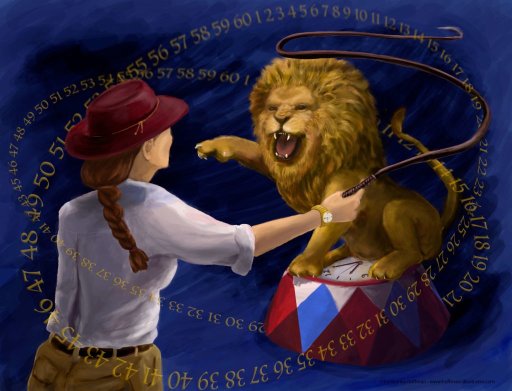 Time Management in the Hyper-Time Era Where does the time go when its gone? To a deep dark cave? Does it cease to exist? Illustration of a lion tamer and a lion who is sitting on a circus platform. The platform has the face of a clock on it. 2 groups of numbers from 1-60 are swirling around in the air.