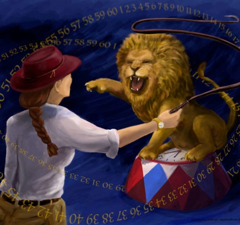 Time Management in the Hyper-Time Era Where does the time go when its gone? To a deep dark cave? Does it cease to exist? Illustration of a lion tamer and a lion who is sitting on a circus platform. The platform has the face of a clock on it. 2 groups of numbers from 1-60 are swirling around in the air.