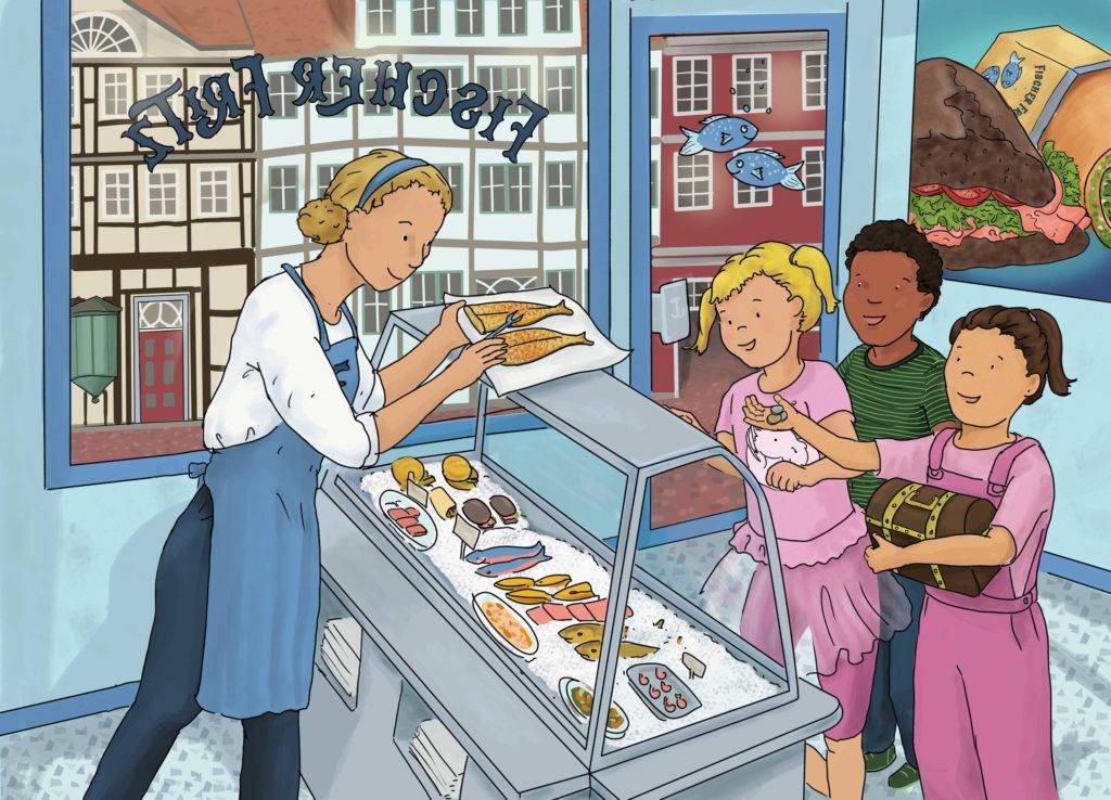 copyright Kimberley Hoffman This illustration is for Christian Eldagsen’s Kamishibai theater playbook “The Fishing Rod”, which is set on the dunes and a wharf on the German Northern Sea.