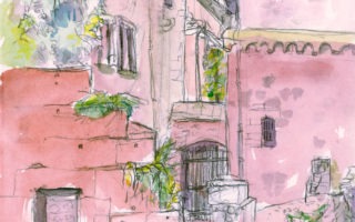 Kreativtour Urban Sketch of the Heidelberg Castle Ruins. Done in Watercolor and pencil. It demonstrates composition and watercolor washes with attention to detail.
