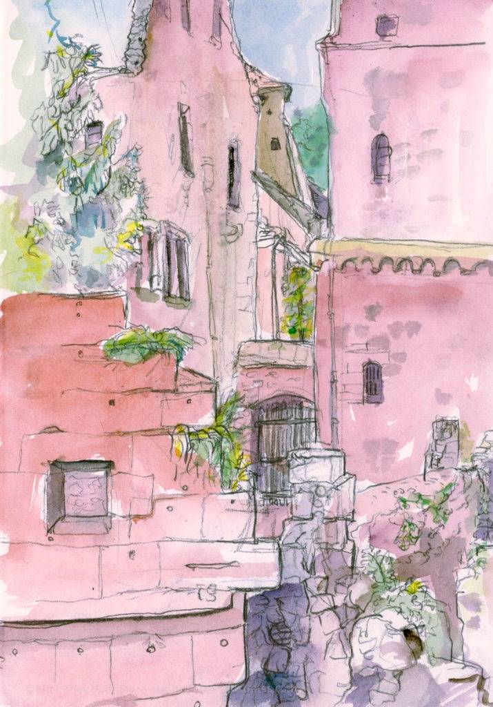 Kreativtour Urban Sketch of the Heidelberg Castle Ruins. Done in Watercolor and pencil. It demonstrates composition and watercolor washes with attention to detail.