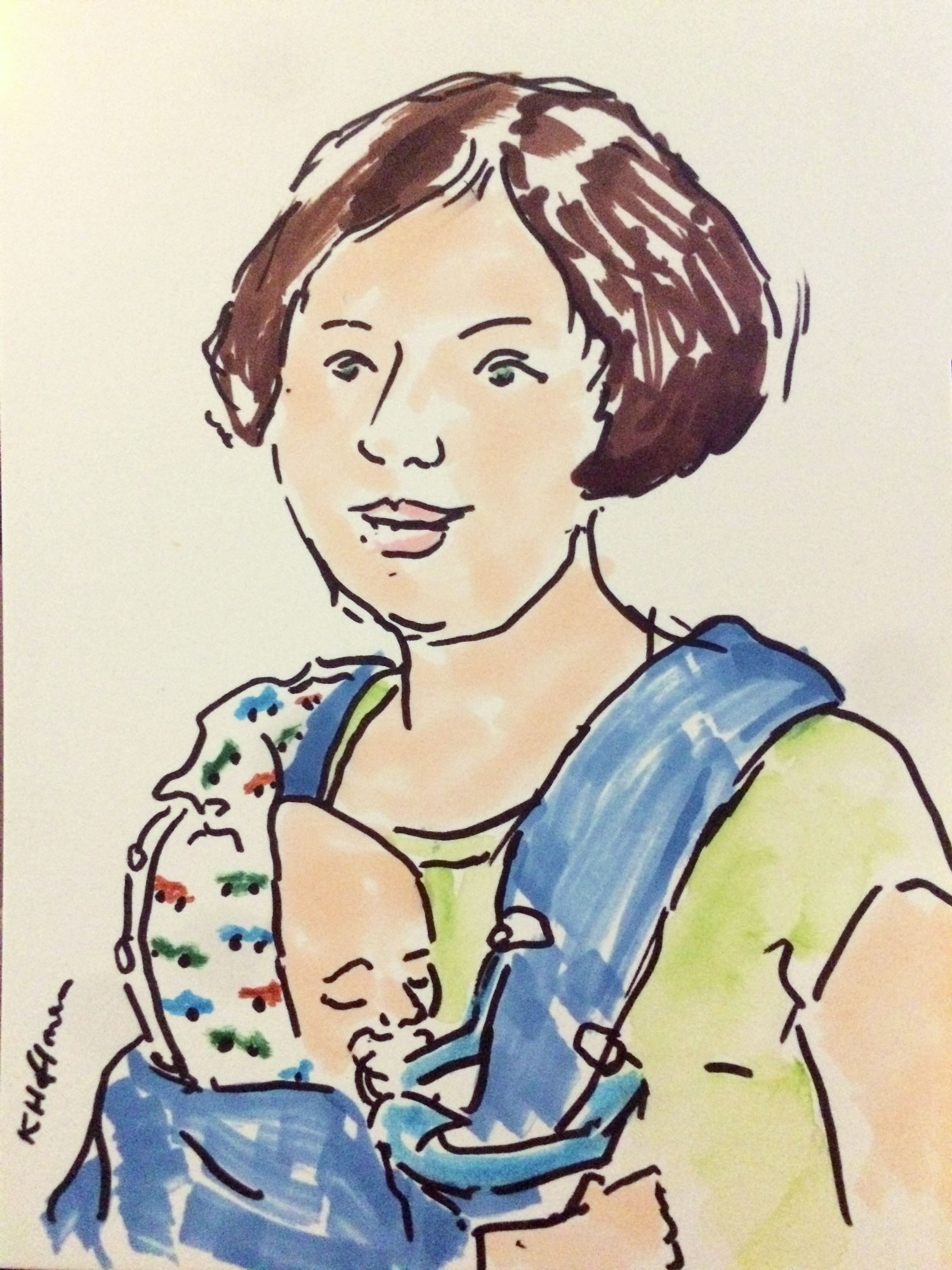 I drew this woman and her infant at an Event Drawing for my book, Mannheim wimmelt. This was done in a Marker technique using Copic Markers on absorbant paper.