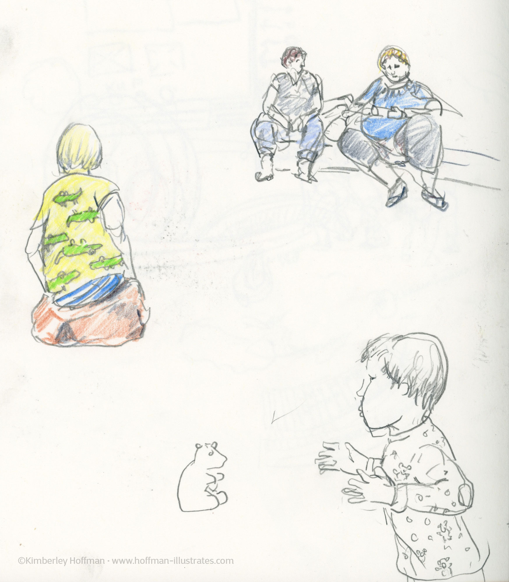 These are graphite and color pencil sketches I made when I was developing the book "Heidelberg wimmelt". There is a child sitting on a rock. It is wearing a yellow shirt with bright green alligators on it. There are two slightly overweight mothers playing with their cell phones in the background sketch. And there is a small child in silhouette in the right bottom corner.