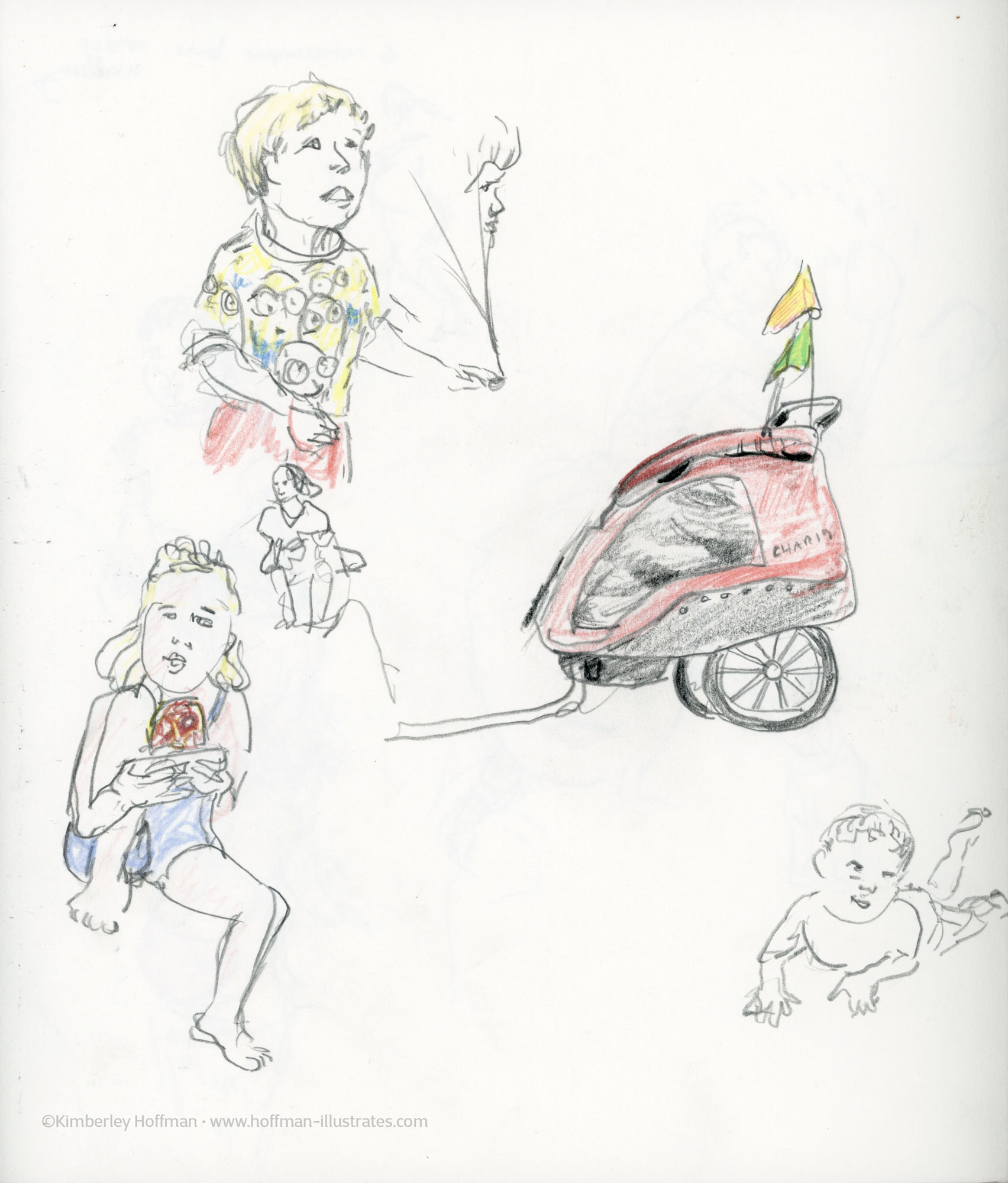 These are individual sketches I drew when I was working on the book "Heidelberg wimmelt" It shows three children and a chariot bike trailer, which is red and black. The child in the left corner wears a minion print t-shirt. The girl in the left corner has her right knee hugged while she eats a snack. The bike trailer is on the right in the middle of the page and in the lower right corner is an uncolored sketch of a baby on its tummy.