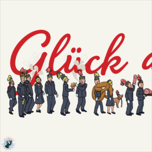 Glück auf! part 1 of 3 Illustration of salt miners carrying foods that contain salt with a graphic element "Glück auf! Good Luck"