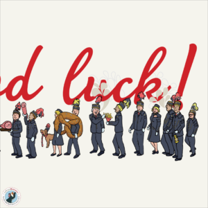 Glueck-auf!-part 3 of 3 Illustration of salt miners carrying foods that contain salt with a graphic element "Glück auf! Good Luck"