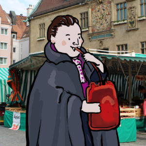 The little Vampire Combined photo illustration post for Instagram: The little vampire drinks a bag of blood while visiting the farmers' market in Heilbronn