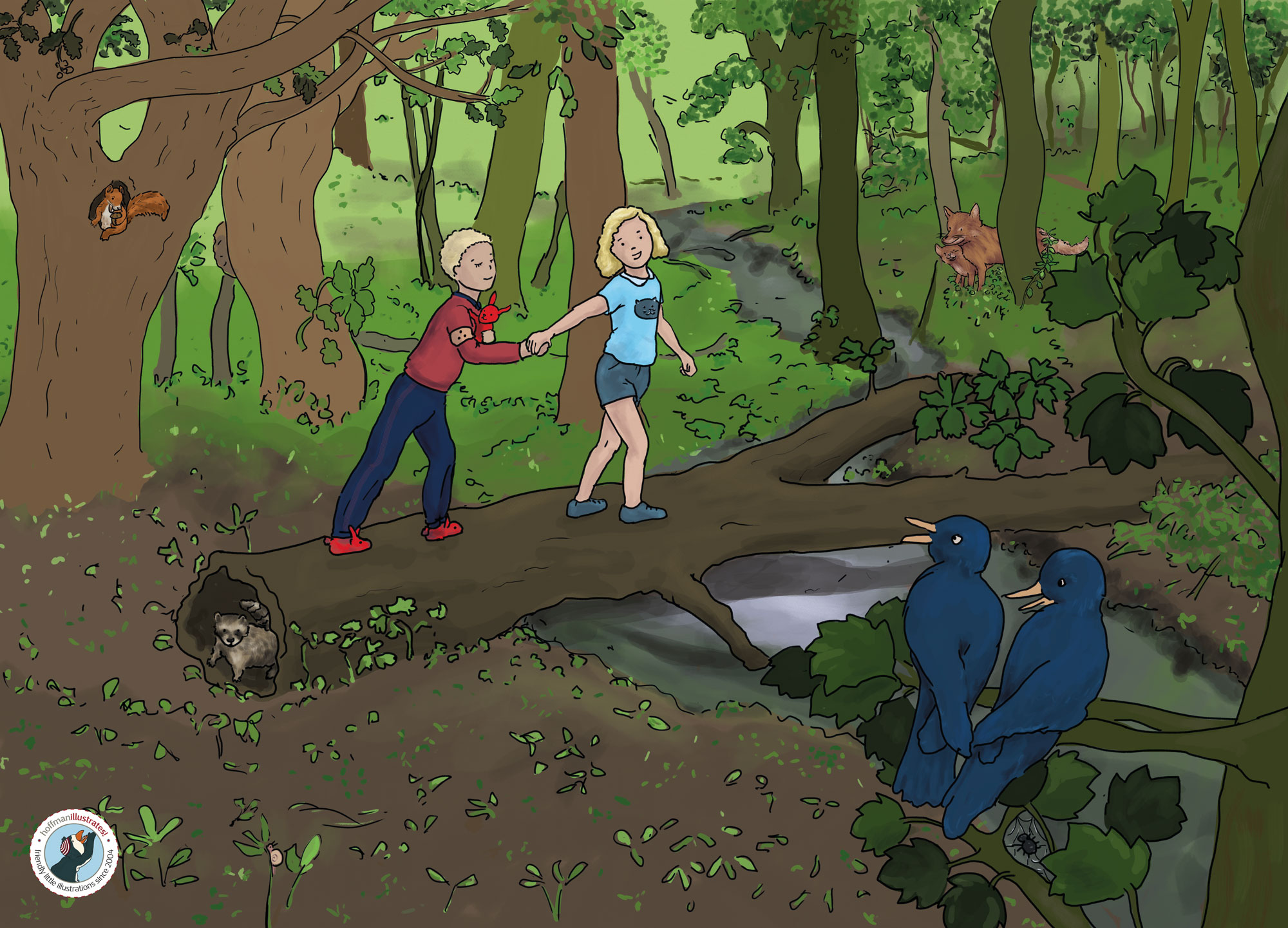 Illustration von zwei Kindern im Wald. Dies ist eine Traumsequenz. Der Junge träumt, dass er blind ist und sein Freundin ihn durch den Wald führt. Der Junge ist in seinem Schlafanzug, das Mädchen in ihrer normalen Kleidung zum Spielen.