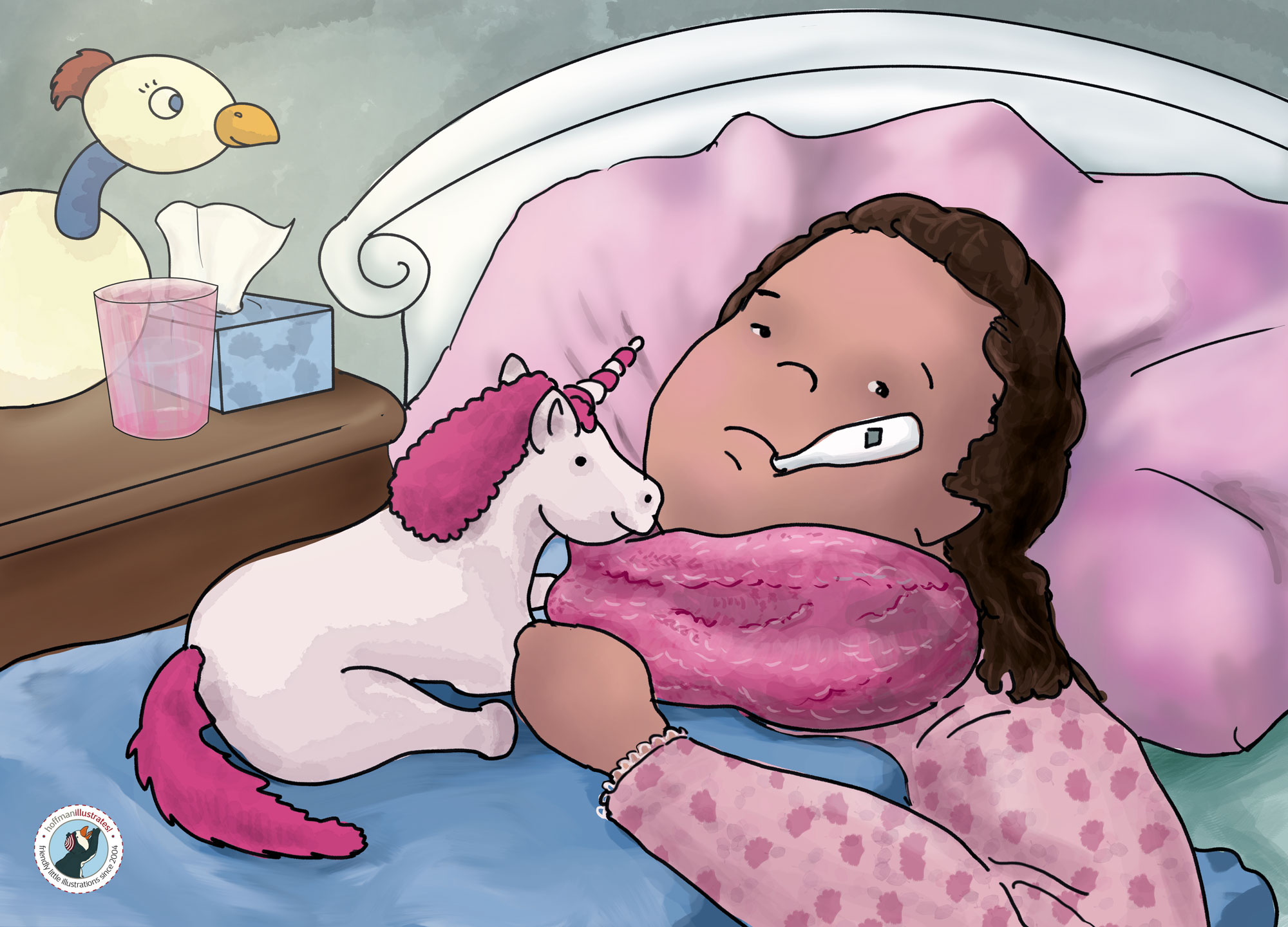 Kamishibai-Theater Illustration eines Kindes, das krank geworden ist. Es liegt mit seinem rosa Einhorn im Bett, während seine Temperatur gemessen wird.