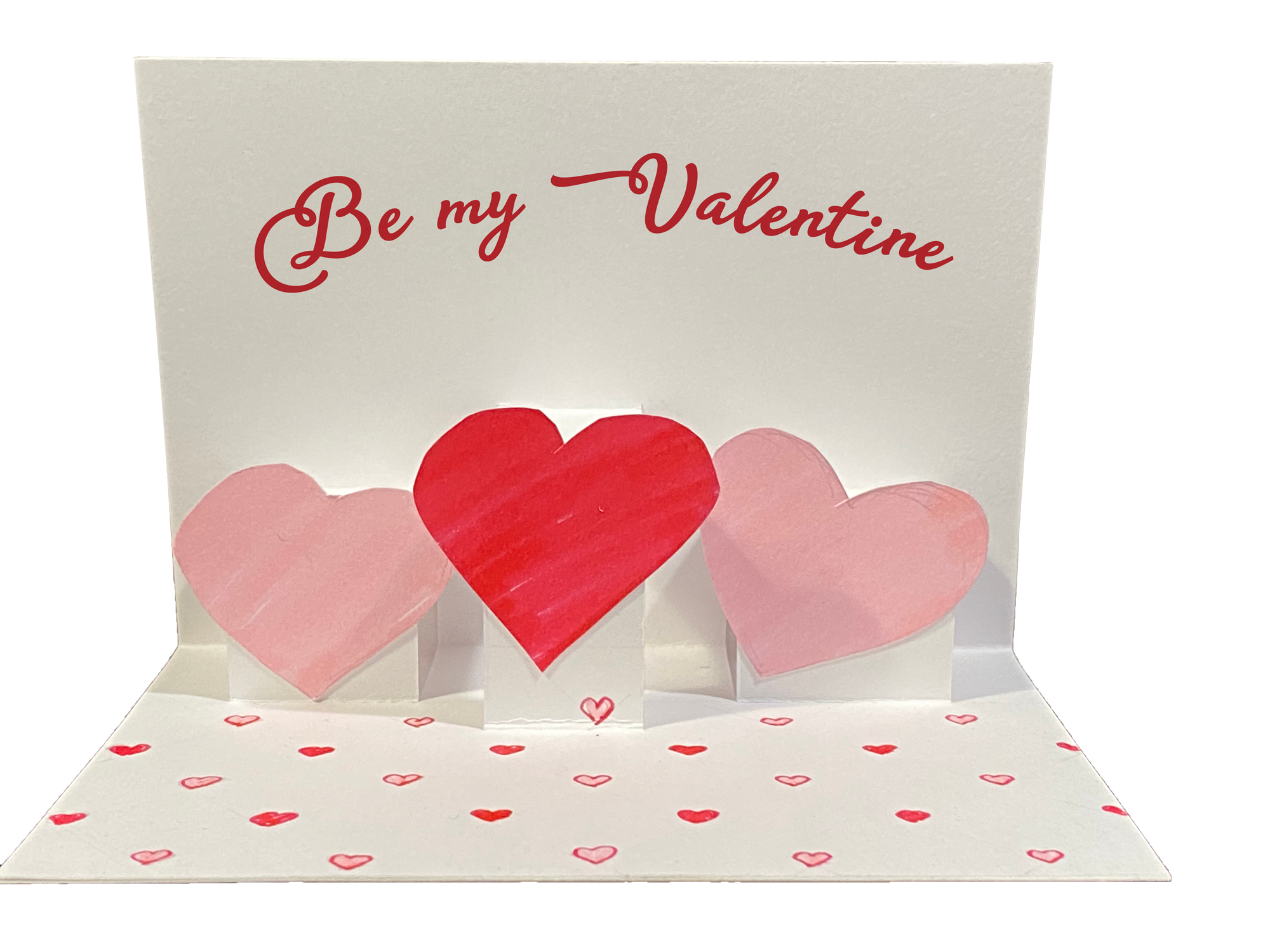 Valentinstag Pop-Up Karte innen mit drei roten und rosa Pop-Up Herzen
