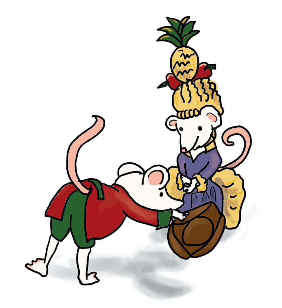 Wimmelbild Illustration von zwei Kornmäuse in barocker Kleidung, die sich begrüßen