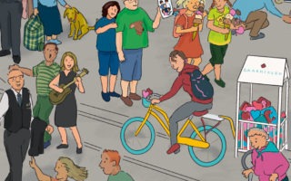 Dieser Wimmelbildausschnitt aus "Mannheim wimmelt" zeigt Caro von "Carokissen" auf ihrem Rad. Ihr Anhänger ist eine umgebaute Babywiege auf Rädern, was als ihr Verkaufsstand dient. In der oberen rechten viertel des Bilds sieht man einen arabischen Herrn, der etwas vom Boden abhebt (in der Originalzeichnung hilft er eine ältere Dame, deren Einkaufstasche heruntergefallen ist). in der oberen Linken Ecke sieht man meinen Bruder mit einem Foto von seinem neu gefundenen Geschwister und meine jüngste Schwester. Neben ihnen laufen zwei Mädchen mit übergroßen Eiswaffeln. Hinter ihnen ist eine Frau mit braunem Hund. Gegenüber von Caro ist ein Sänger und eine Gitarristin. Vor der Gitariisten geht ein Herr vorbei, der für das Einkaufszentrum Q6Q7 arbeitet. In der unteren hälfte vom Bild läuft eine Familie (Mutter, Vater, Kind) zur Strassenbahn. In der unteren rechten Ecke geht eine Seniorin mit rollender Gehilfe. Sie hat Blumen gekauft, diem an in dem Korb vom Roller sieht.