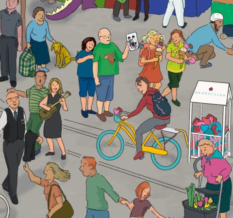 Dieser Wimmelbildausschnitt aus "Mannheim wimmelt" zeigt Caro von "Carokissen" auf ihrem Rad. Ihr Anhänger ist eine umgebaute Babywiege auf Rädern, was als ihr Verkaufsstand dient. In der oberen rechten viertel des Bilds sieht man einen arabischen Herrn, der etwas vom Boden abhebt (in der Originalzeichnung hilft er eine ältere Dame, deren Einkaufstasche heruntergefallen ist). in der oberen Linken Ecke sieht man meinen Bruder mit einem Foto von seinem neu gefundenen Geschwister und meine jüngste Schwester. Neben ihnen laufen zwei Mädchen mit übergroßen Eiswaffeln. Hinter ihnen ist eine Frau mit braunem Hund. Gegenüber von Caro ist ein Sänger und eine Gitarristin. Vor der Gitariisten geht ein Herr vorbei, der für das Einkaufszentrum Q6Q7 arbeitet. In der unteren hälfte vom Bild läuft eine Familie (Mutter, Vater, Kind) zur Strassenbahn. In der unteren rechten Ecke geht eine Seniorin mit rollender Gehilfe. Sie hat Blumen gekauft, diem an in dem Korb vom Roller sieht.