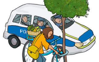 Illustration of a police car with a boy sitting in the back of it. In front of the police car, a young woman dressed in a yellow shirt and carrying a big shoulder bag is chaining her bike to a tree.