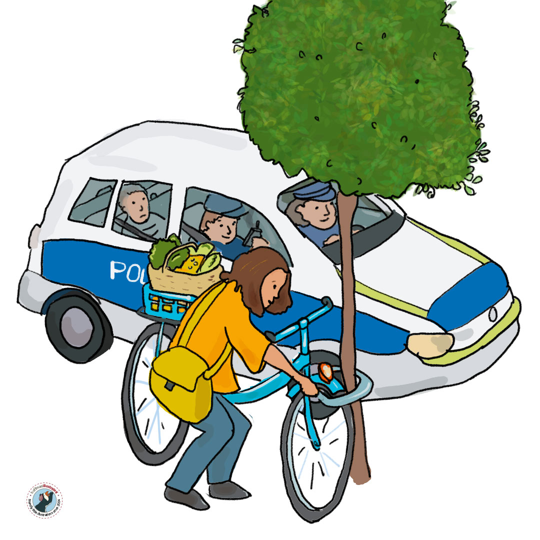 Illustration Nacharbeitung aus "Mannheim wimmelt": Ein Polizeiauto. Die Polizei sitzt vorne, ein Junge sitzt hinten. Es ist an dir zu entscheiden, warum.