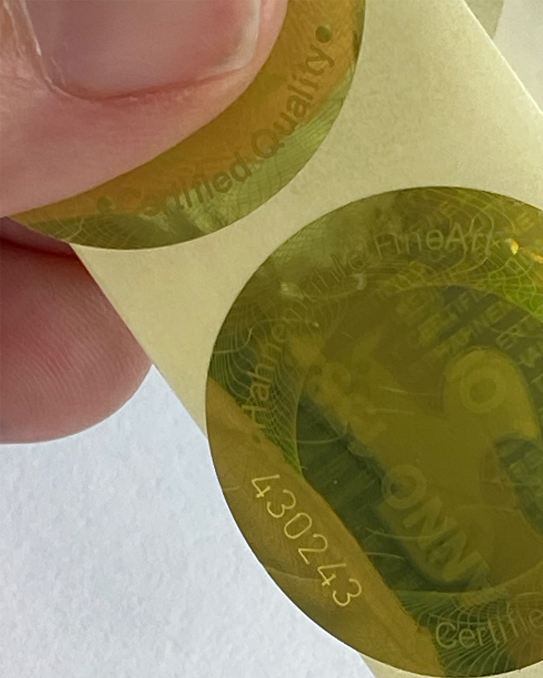 Hahnemühle Hologramm 43 unapplied Foto: Nahaufnahme eines der Hahnemühle-Hologramms, womit ich die Ausstellungsdrucke zertifiziert habe