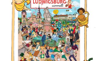 Erweiterte Illustration der Titelseite von "Ludwigsburg wimmelt". Die Titelseite des Wimmelbuchs ist hinter einem Rahmen und ist mit Engelchen und Gegenstände aus dem Buch umrahmt.