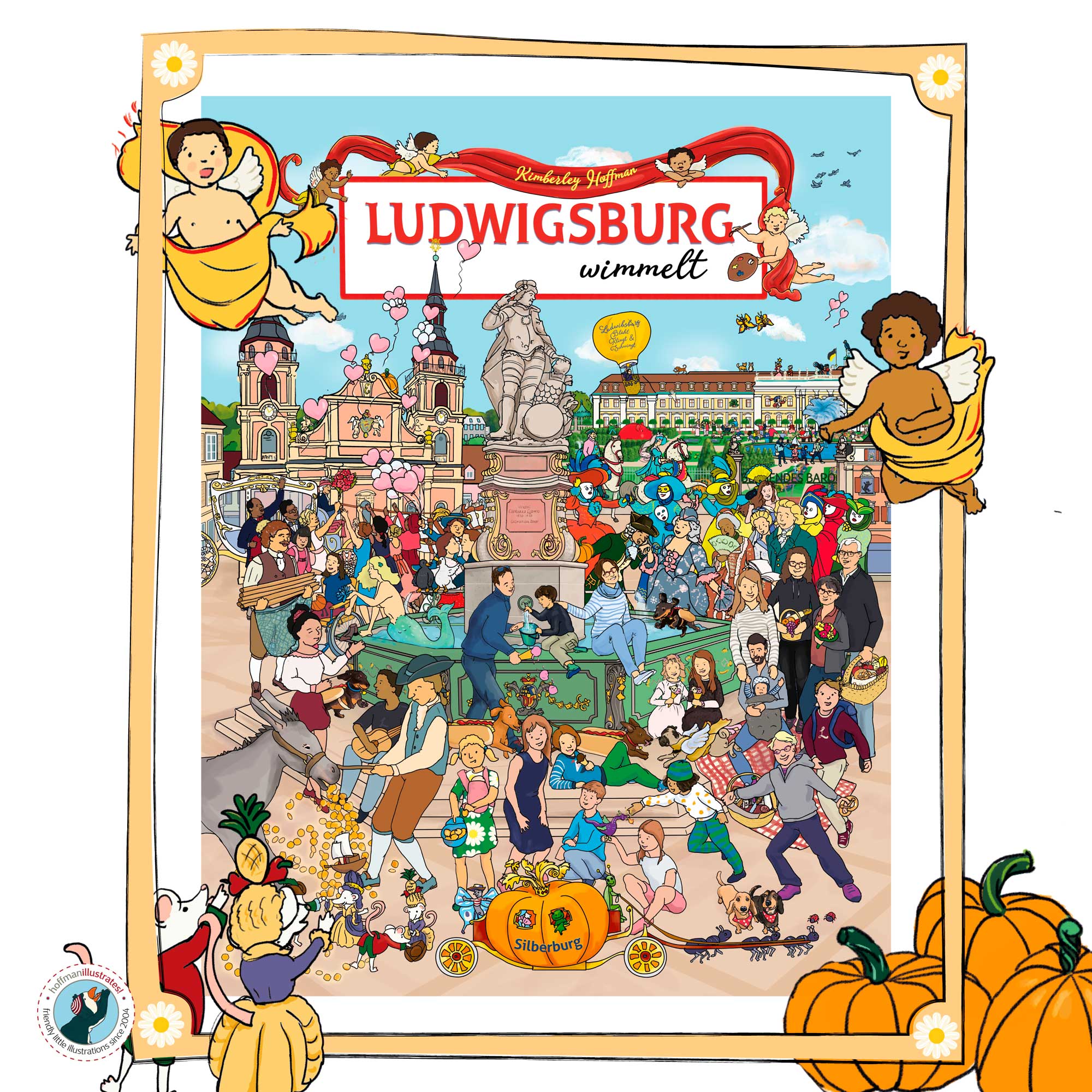 Erweiterte Illustration der Titelseite von "Ludwigsburg wimmelt". Die Titelseite des Wimmelbuchs ist hinter einem Rahmen und ist mit Engelchen und Gegenstände aus dem Buch umrahmt.
