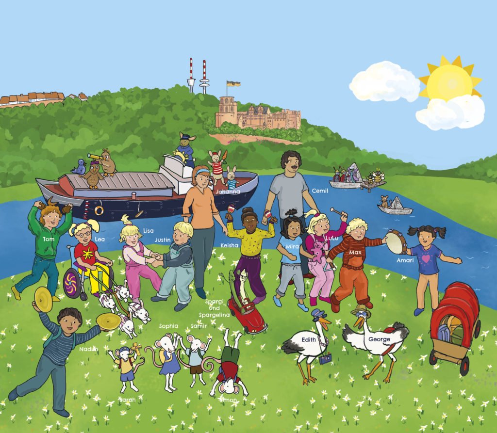 Illustration: Überarbeiteter Auszug der Rückseite von »Die Kurpfalz wimmelt«. Der Hintergrund zeigt den Neckar und den Heidelbergerschloss. Die Sonne scheint und der Himmel ist blau mit weichen Wolken. Im Vordergrund sind zehn Kindergartenkinder, die vier Kornmäuse, eine Erzieherin und einen Erzieher sowie zwei lustige Störche und zwei Spargelfiguren, die im Roten Cabriolet sitzen. Illustration ©Kimberley Hoffman
