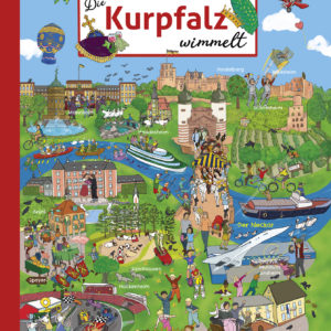 Illustration: Excerpt of the reverse side of "Die Kurpfalz wimmelt". The background shows the Neckar River and Heidelberg Castle. The sun is shining and the sky is blue with soft clouds. In the foreground are ten kindergarten children, the four corn mice, a kindergarten teacher, and two funny storks and two asparagus figures sitting in a red convertible. Illustration ©Kimberley Hoffman
