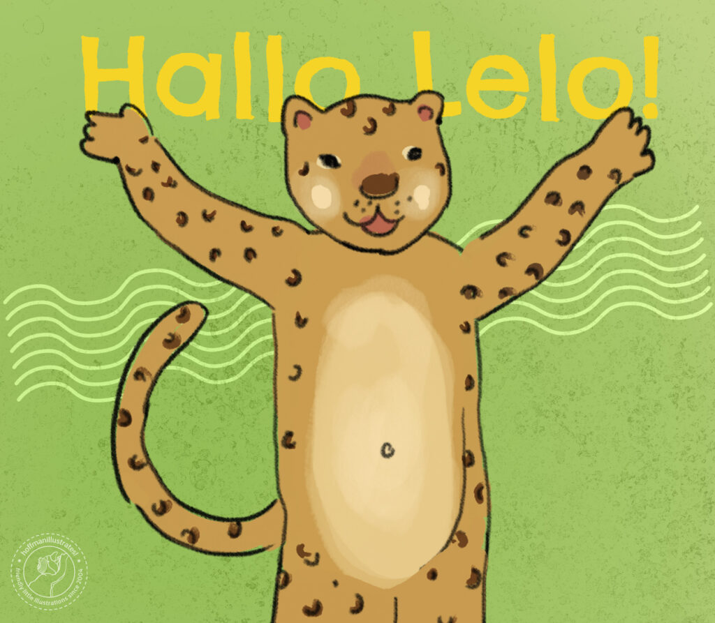 Illustration des Leopards Lelo aus »Der Hohenlohekreis wimmelt« auf grünem Hintergrund