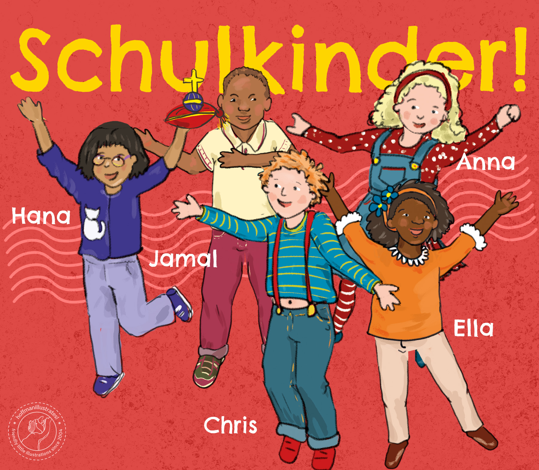 Illustration der fünf Schulkinder aus dem Wimmelbuch »Der Hohenlohekreis wimmelt«. Der Hintergrund ist Mittelrot. Der Text liest: »Schulkinder!«