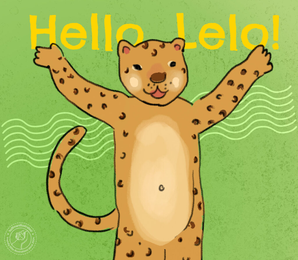Illustration of Lelo the Leopard from »Der Hohenlohekreis wimmelt» on a green background.