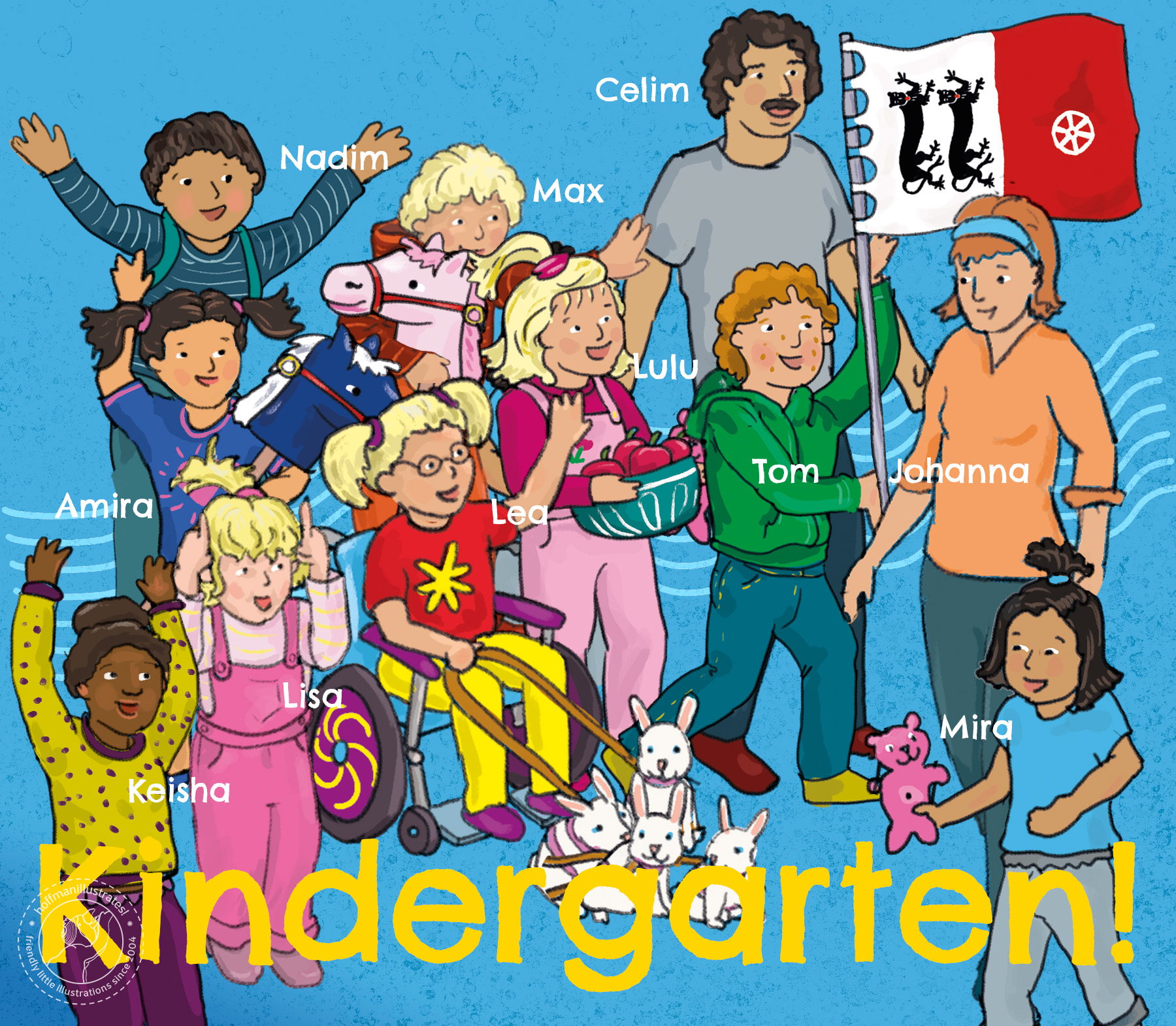Illustration of the ten kindergarten kids and their two teachers from the hidden object book »Der Hohenlohekreis wimmelt«. The background is bright medium blue. The text reads: „Kindergarten!«