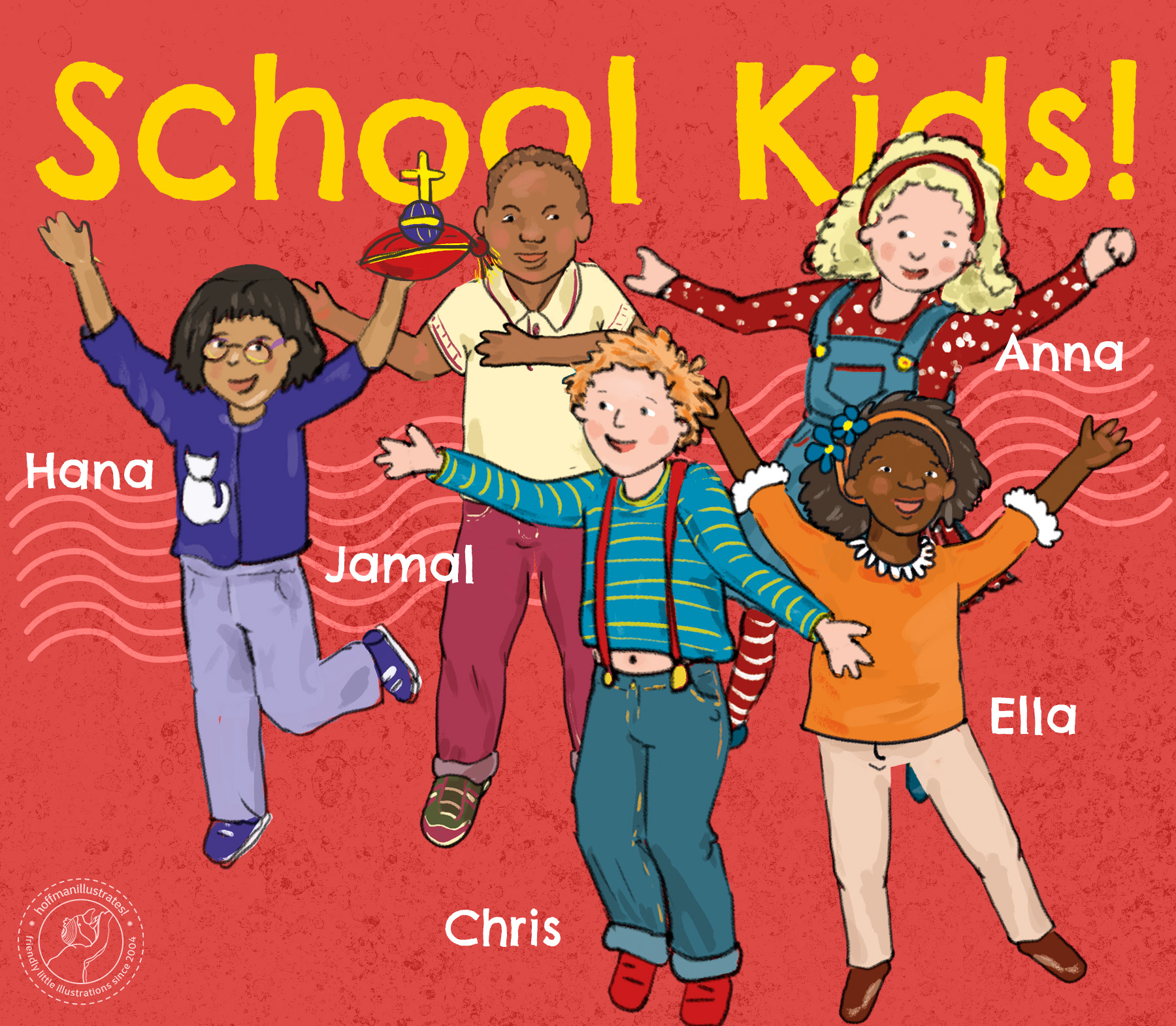 Illustration of the five schoolchildren from the hidden object book »Der Hohenlohekreis wimmelt». The background is bright red. The text reads: »Schoolchildren!»