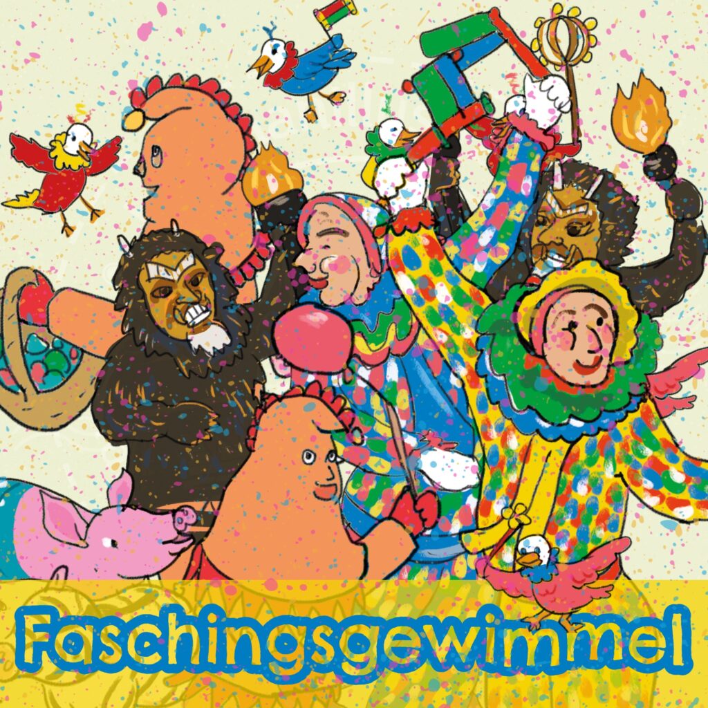 Illustration mit vielen, bunt gekleideten Faschingsfiguren.