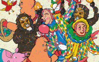 Illustration mit vielen, bunt gekleideten Faschingsfiguren.