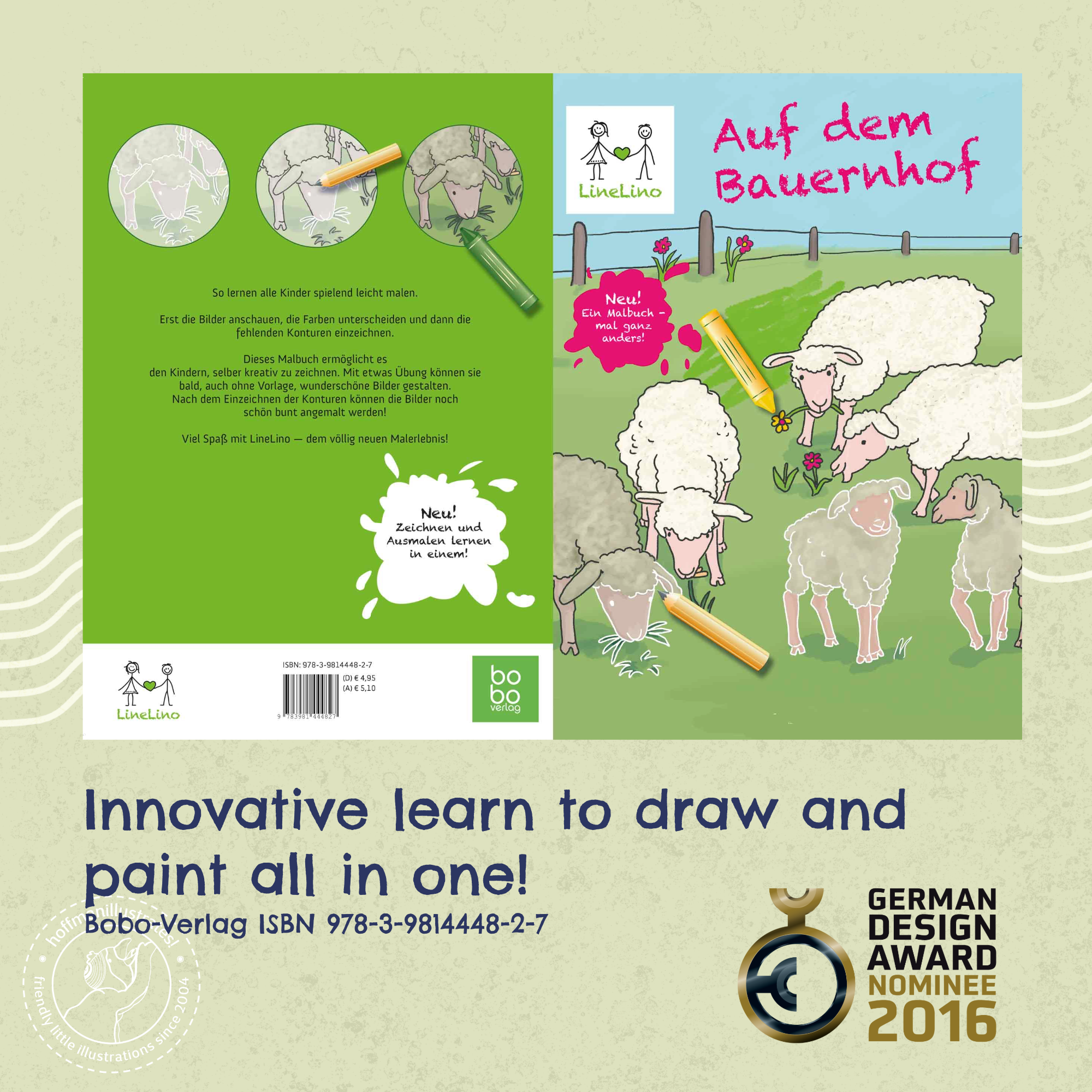 20th Anniversary-12-German Design Award Deutsch Front and back of the coloring and drawing book "LineLino - On the farm.
