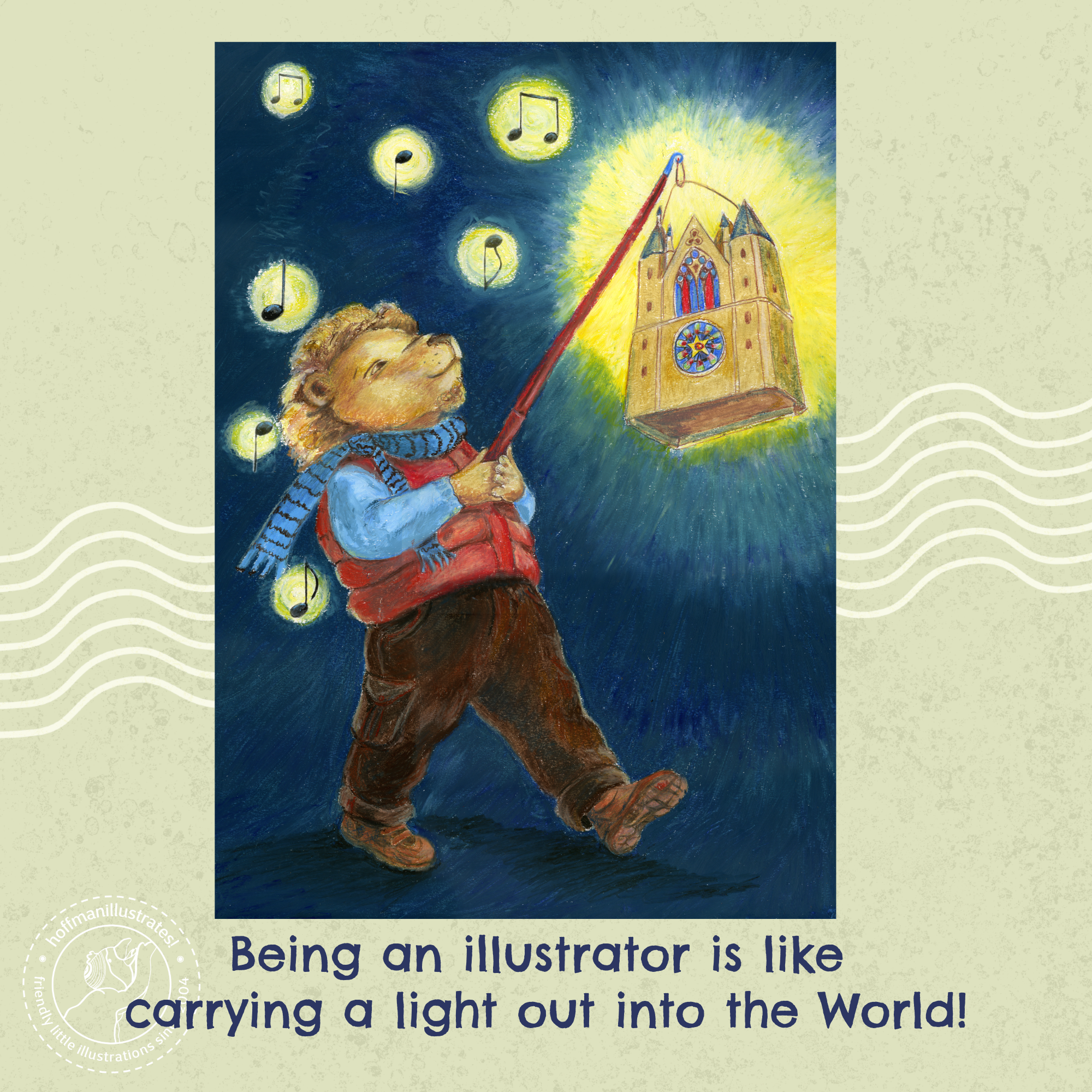 Oilpastel drawing of a little lion carrying a lantern in a lantern festival.