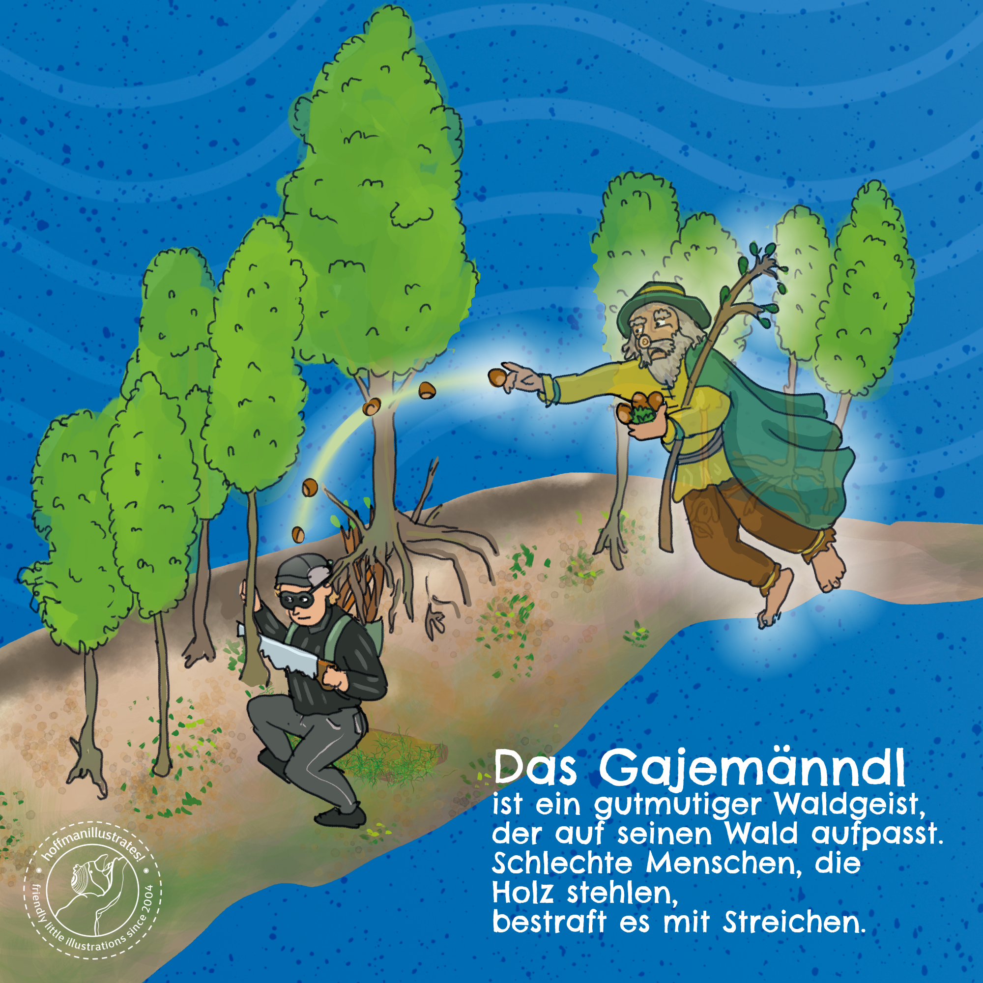 20th Anniversary Teil 2-20 Ausschnitt aus »Die Kurpfalz wimmelt«. Das Gajemänndl. Es zeigt ein Waldgeist und einen Räuber. Der Waldgeist bewirft den Baumdieb mit Nüssen, um ihn zu bestrafen.