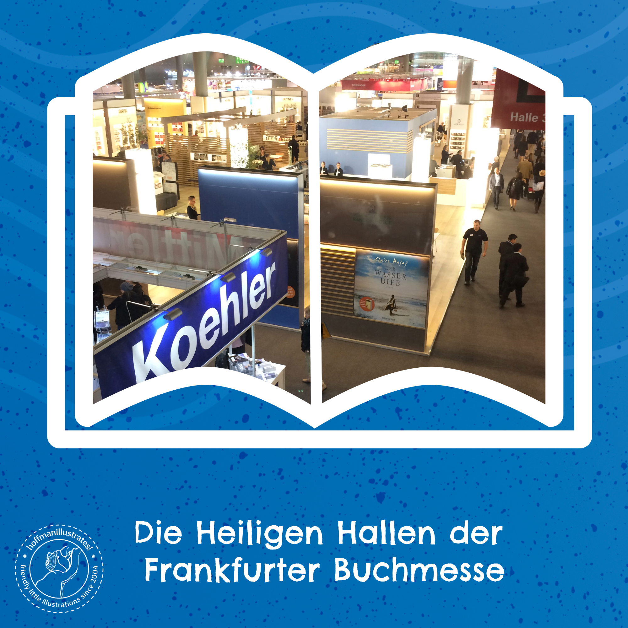 20th Anniversary Teil 2-5-Messehalle Frankfurt Foto von der Frankfurter Messe auf blauem Hintergrund. Das Foto liegt in einem Rahmen von einem Buch-Icon