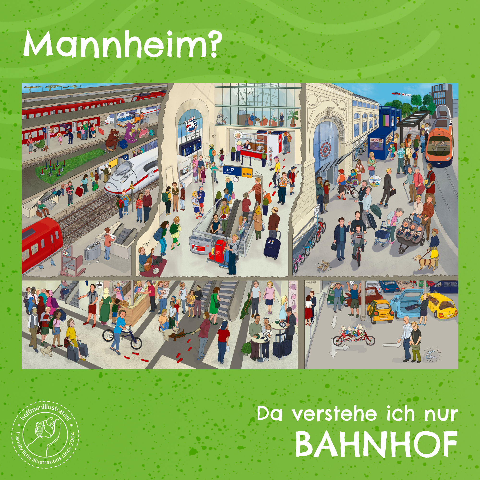 20th Anniversary Teil 2-9-Mannheim Bahnhof Doppelseitige Wimmelbild von dem Mannheimer Bahnhof.