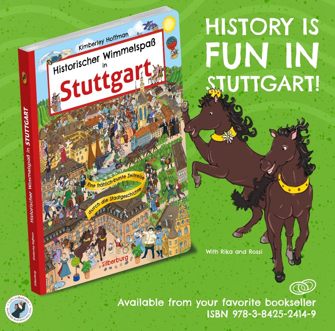 Graphic: A book dummy with the cover of the Wimmel book “Historical Wimmel fun in Stuttgart - a happy and colorful journey through the city's history. Cover illustration of the hidden object book “Historical Wimmel Fun in Stuttgart - A cheerfully colorful journey through the city's history. The image shows the city center of Stuttgart in the 18th century. You can see the New Palace, the Old Palace, the Lusthaus, the Stiftskirche and the vineyards of Stuttgart. A lively mix of people, rulers and horses are bustling around. Spot Illustrations: Two Horses named Rika and Rossi. They both wear bejeweled golden harnesses and Rika wears a golden crown spotted with jewels. The text reads: »History is Fund in Stuttgart« If you click on the image, you will be led to the publisher’s bookshop The background of the graphic grass green with wavy ascending, stamped lines.