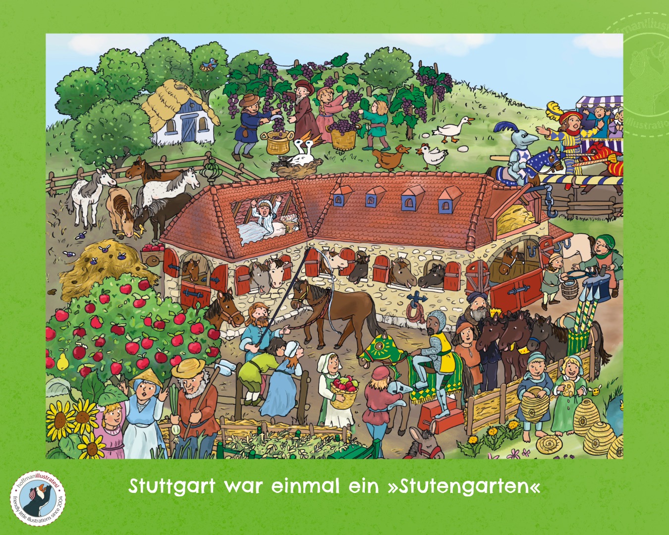 Ein lustiger Wimmelbildausschnitt aus »Historischer Wimmelspaß in Stuttgart« Du siehst überall Pferde auf dem Hof, einige Ritter, Herzog Christoph, Weinbauern bei der Ernte, ein Ritterturnier, einen Misthaufen mit summenden Fliegen und Bauern im Gemüsegarten sowie Kinder, die Honig ernten.