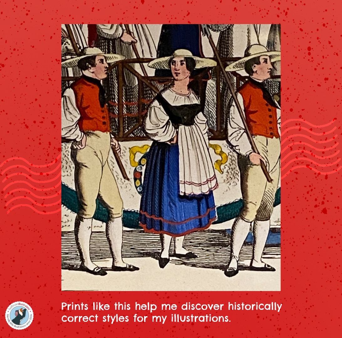 This graphic shows an old print of two men and a woman wearing traditional regional costumes from Stuttgart. They are all wearing wide-brimmed beige or straw colored hats. The men are wearing red vests, white full sleeved shirts, black scarves or ties, and beige colored knee britches, white socks and black shoes with silver buckles. The woman is wearing a blouse topped by a low-cut black mieder-vest, a white apron which is decorated with a few red stripes, and a blue bulky mid-calf-length skirt, also decorated with red edging. She is also wearing white stockings and black flat shoes without buckles. The image is set on a red background. The white text reads: The people of Stuttgart dressed up in traditional costumes for festivals and holidays.