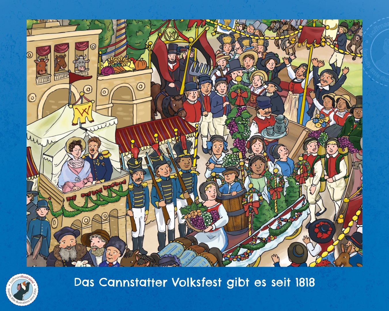 Ausschnitt aus »Historischer Wimmelspaß in Stuttgart« – die Cannstatter Wasen. Dieses Wimmelbild zeigt einen Ausschnitt eines Umzugs der Landwirte Stuttgarts. Der Herzog und die Herzogin sitzen auf einer Tribüne und betrachten das Spektakel.