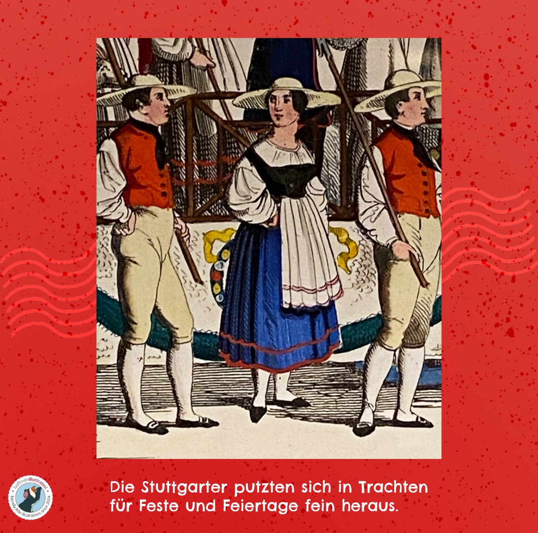 Diese Grafik zeigt ein Foto von zwei Männer und einer Frau, die Stuttgarter Tracht tragen. Das Foto ist auf einem roten Hintergrund gelegt. Der weißer Text ließt: Die Stuttgarter putzten sich in Trachten für Feste und Feiertage fein heraus.