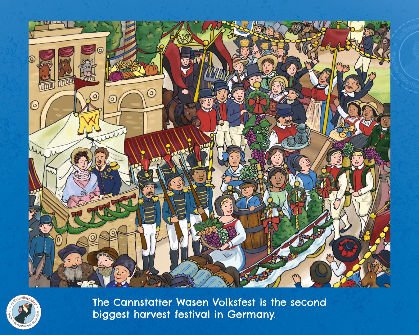 Excerpt from “Historical Wimmelspass in Stuttgart” - The Cannstatter Wasen. This search-and-find excerpt shows a colorful parade of Stuttgart’s wine farmers in traditional outfits showing the fruits of their labor. The Duke and Duchess are sitting in the stands enjoying the spectacle.