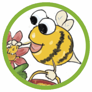 Wimmelbild-Vignette: Eine rundliche, fröhliche Biene mit Kulleraugen und kleinen Flügeln bestäubt eine rosafarbene Blüte. Die Grafik ist kreisrund und hat eine grasgrüne Umrandung.