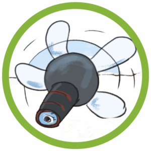 Illustration einer schwarzen Drohne mit vier hellen Rotoren und einer Kameralinse. Aus der Linse betrachtet ein Auge das Wachstum der Pflanzen auf den Versuchsfeldern. Die Drohne symbolisiert die moderne Beobachtung von Pflanzenwachstum aus der Luft. Die Grafik ist kreisförmig auf einem grasgrünen Hintergrund.