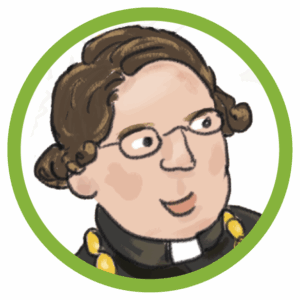 Wimmelbild-Vignette: Portrait des Mönches Georg Mendel, dem Begründer der Vererbungslehre. Er trägt eine braune Mönchskütte, eine dünne brille, hat braune Haare, und schaut freundlich aus. Die Illustration zeigt ihn als Schlüsselfigur der Pflanzenzüchtung. Die Grafik ist kreisrund und hat eine grasgrünen Umrandung.