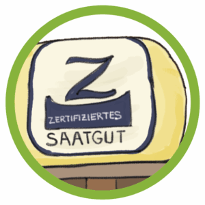 Illustration: Ein großer beige-farbenen Sack mit zertifizierten Saatgut steht als Symbol für die Marktzulassung neuer Pflanzensorten. Die Beschriftung ist bläulich und sachlich gehalten.Die Grafik ist kreisrund und hat hat eine grasgrünen Umrandung.