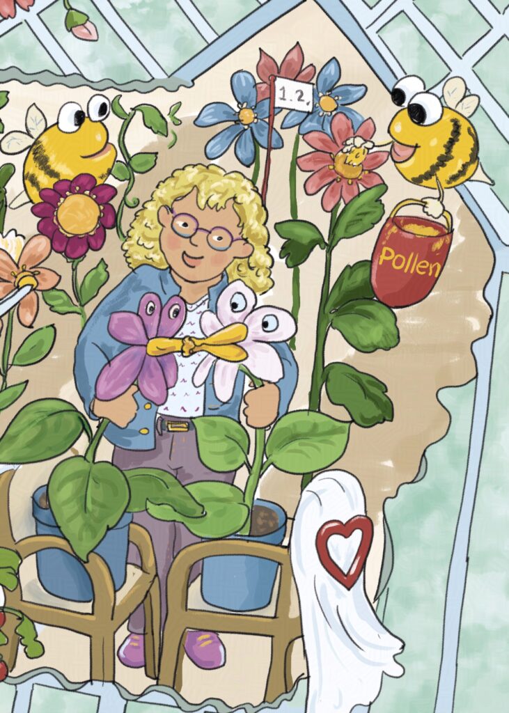 Die Blumenhochzeit Wimmelbild-Detail: Eine blonde Pflanzenzüchterin mit Brille steht im Gewächshaus als Standesbeamtin vor zwei sich küssenden Blumen. Über ihr schwirren zwei runde Bienen mit Kulleraugen – eine davon wirft Pollen. Die Szene erklärt auf spielerische Weise das Prinzip der Bestäubung in der Pflanzenzüchtung.