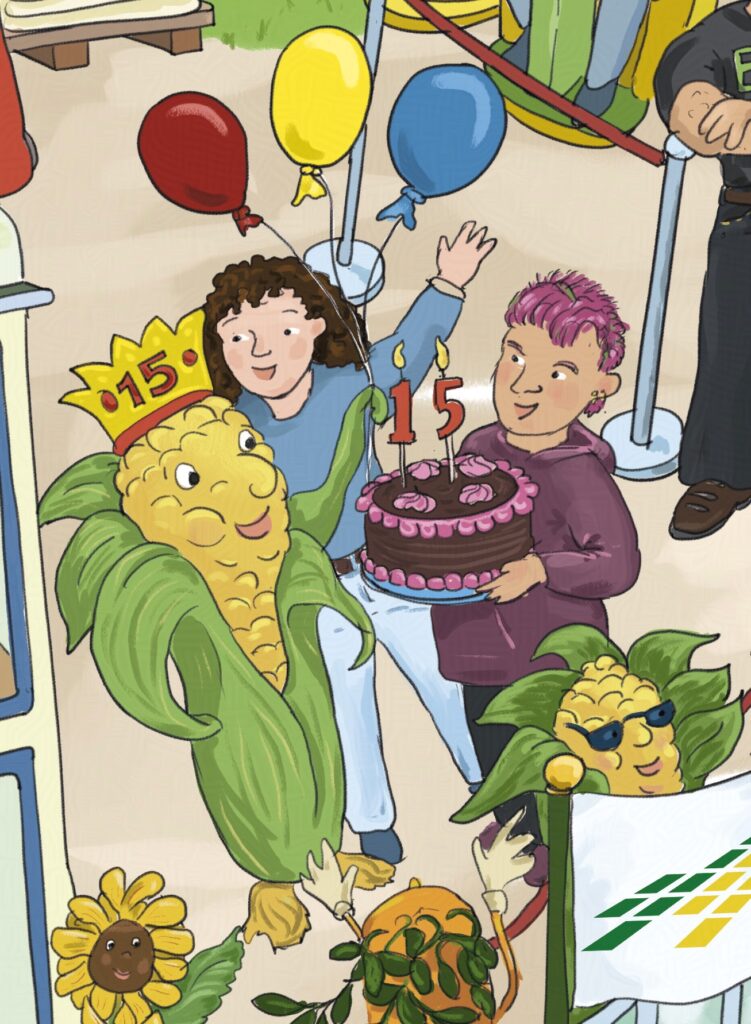 Der Maiskolbenkönig Wimmelbild-Ausschnitt für den BDP: Ein fröhlicher Maiskolben feiert mit zwei Pflanzenzüchtern seinen 15. Geburtstag – das symbolisiert die 15 Jahre, die es dauert, bis eine neue Sorte marktreif ist. Der Maiskolben trägt eine Krone mit der Zahl 15, hält bunte Luftballons und bekommt eine Torte mit Schokoladencreme und pinkem Zuckerguss. Eine kleine Geburtstagsszene mit großem Aussagewert zur Pflanzenzüchtung.