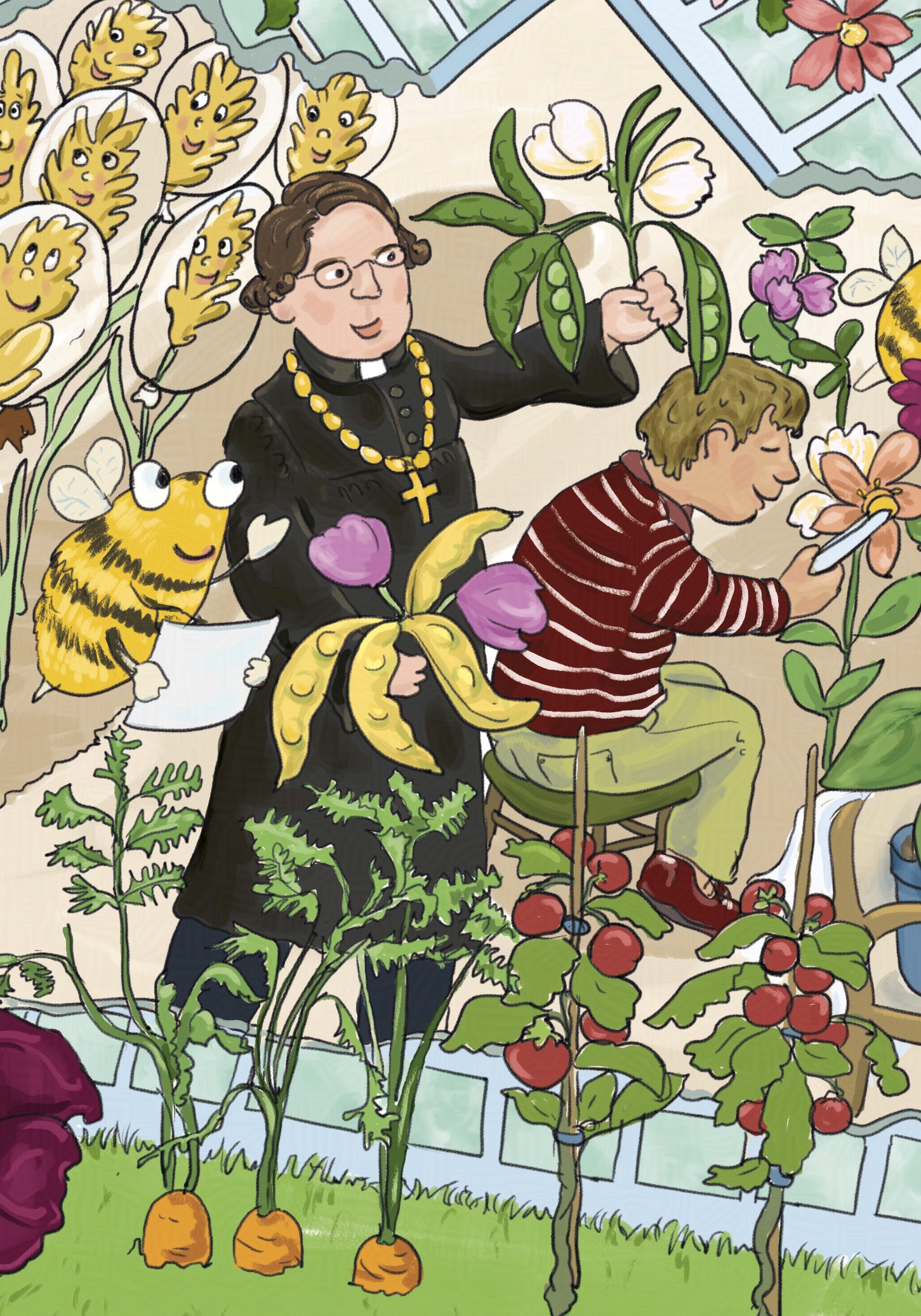 Gregor Mendel, Vater der Pflanzenzüchtung Wimmelbild-Ausschnitt aus einem Projekt für den BDP: Im Gewächshaus steht Gregor Mendel in Mönchskutte und mit Goldkreuz, in den Händen zwei Erbsenpflanzen – eine mit grünen Hülsen und weißen Blüten, die andere mit gelben Hülsen und rosa Blüten. Eine Biene mit Notizblatt hilft ihm beim Experimentieren. Im Hintergrund bestäubt ein Pflanzenzüchter eine Blüte mit einer Pinzette. Vorne wachsen Karotten und Tomaten. Die Szene erklärt spielerisch die Ursprünge der Pflanzenzüchtung.