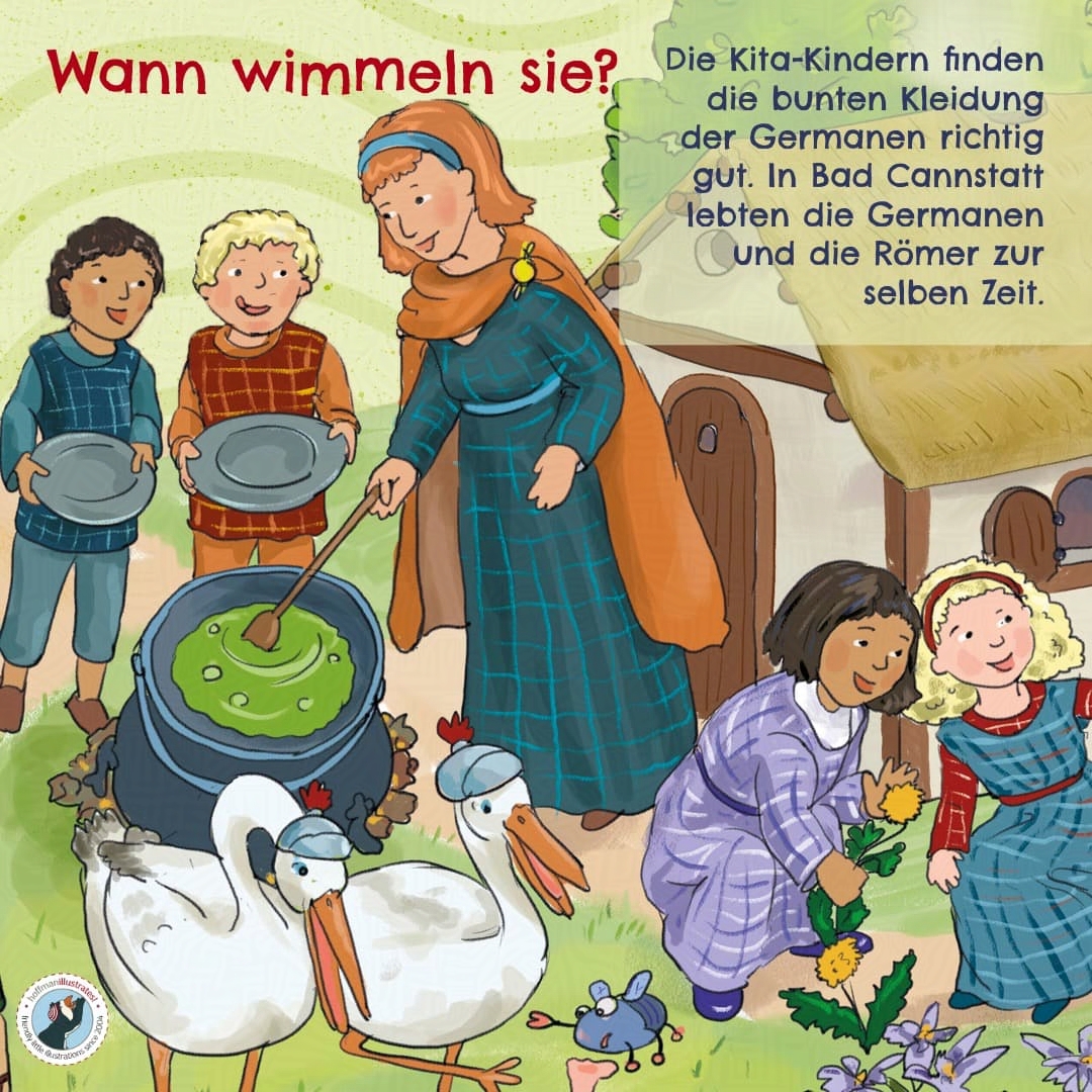 Dieses historische Wimmelbild (Ausschnitt) zeigt die Kitakinder zur Römerzeit in Bad Cannstatt. Sie tragen die Kleidung der Germanen. Die Erzieherin Johanna kocht eine grüne Suppe. Vier der Kitakinder, zwei Jungs und zwei Mädchen sind dabei. Die Jungs halten schon ihre Suppenschüssel bereit.